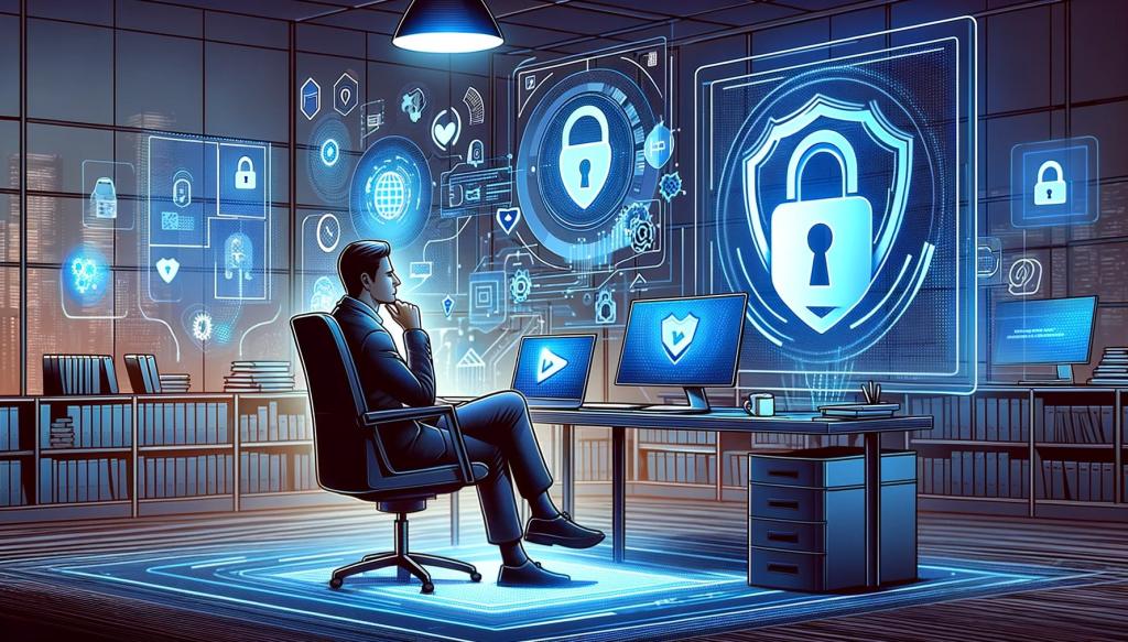 Man sitting in a chair and looking on screens full of shields and padlocks - symbols of security and privacy